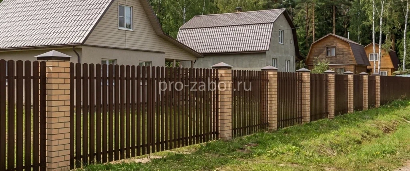 Забор из евроштакетника с кирпичными столбами коричневый забор с калиткой